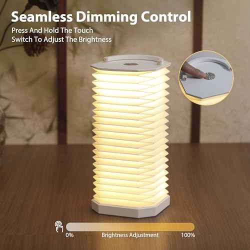 Portable Paper Lamp,White Accordion Desk Lamp,Japanese Lanterns lamp for Home Decoration and Gift,Dimmable Bedside Lamp,1200mAh USB Powered Night Light for Bedroom,Office,Reading