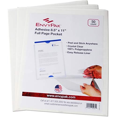 EnvyPak Full Page Pocket/Holder, Peel and Stick Adhesive, Top Loading, Clear, Holds 8.5¡± x 11¡± Sheet - Pack of 50