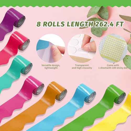 8 Rolls 262.4 Ft Bright Bulletin Board Borders Set - Decorations for Office, School Classroom Decor, Teachers & Home DIY - Posters & Birthday Parties - Board Trim