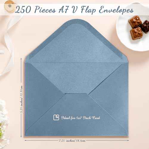 Jutom 250 Pcs A7 Wedding Gift Cards 5x7 Envelopes V Flap Invitation Envelopes for 5x7 Cards Printable Self Adhesive Envelope for Office Baby Shower Graduation Birthday Supplies (Dusty Blue)