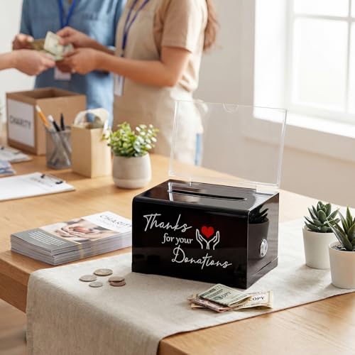 Black Donation Box with Lock & 2 Keys - Acrylic Fundraising Box with Gratitude Message