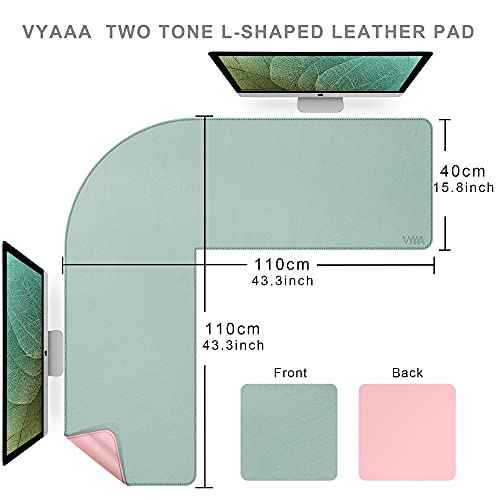 Vyaaa L-Shaped Leather Desk Pad, Two Tone Gaming Mouse Pad for Corner Desk Mat, Office and Home, 43 x 43 x 15.7 Inch, Pink and Green
