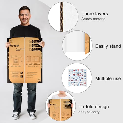 IKAYAS 4 Pack Trifold Poster Boards 24x36 White Science Display Boards
