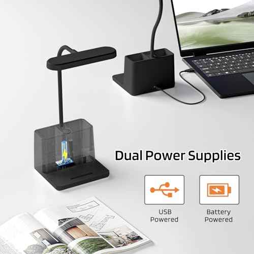 AXX Black LED Desk Lamp for Home Office Bedroom, Battery Operated Table Light for Computer Desktop, Small, Cute, Dimmable, Rechargeable, Flexible Gooseneck, Pen Holder, Phone Mount, Touch Control