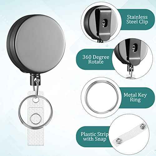 Leelosp 20 Pack Heavy Duty Retractable Badge Holder Reel Metal ID Badge Holder with Belt Clip Keyring Retractable Clip Bulk Card for Work Employee Doctor Nurse Gifts (Glossy Grey)