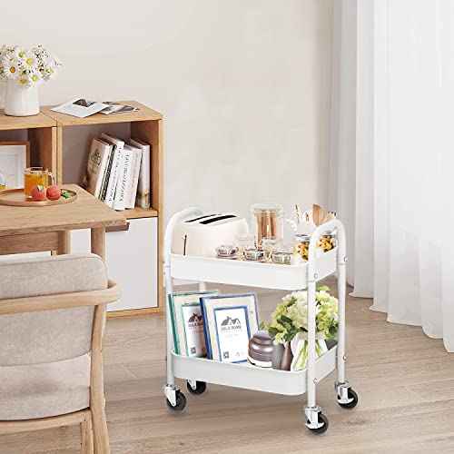 2 Tier All-Metal Rolling Cart, Rolling Storage Cart with Handle and Locking Wheels Kitchen Cart Laundry Office Bathroom Storage Organizer Cart, White