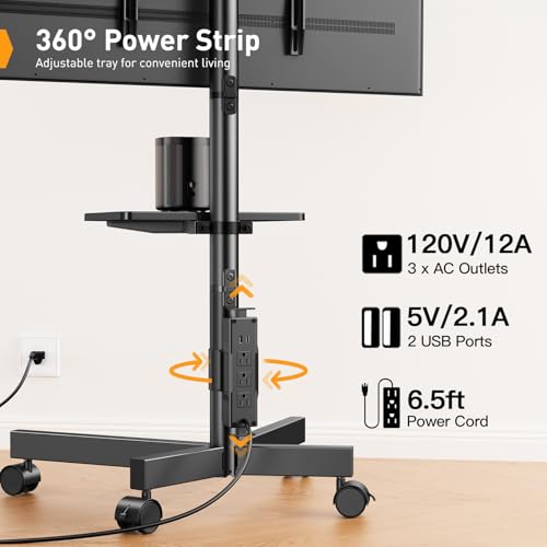 Perlegear Mobile TV Cart, Clip-On Integrated Power Supply, Rolling TV Stand Portable for 23-60¡È TVs (up to 88 lbs), 3 Height Levels with Adjustable Tray, TV Stand with Wheels, Max VESA 400x400mm