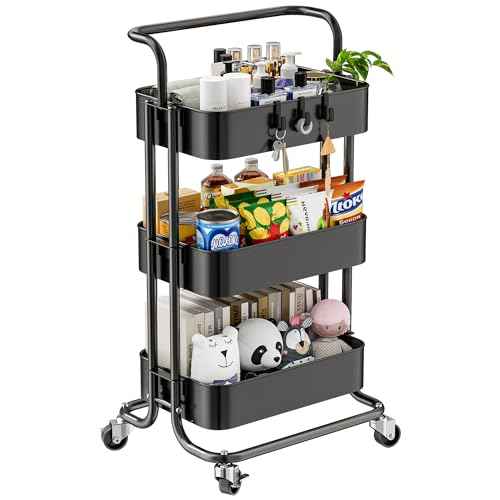 3 Tier Mesh Utility Cart, Rolling Metal Organization Cart with Handle and Lockable Wheels, Multifunctional Storage Shelves for Kitchen Living Room Office, Black