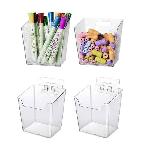 Clear Adhesive Wall Storage Bins, Small 4 Pack Cabinet Door Organizer Holders, Hanging Wall Mount Pockets, Plastic Cups for Shower Bathroom Makeup Office Craft Remote Kitchen Sink RV Organization