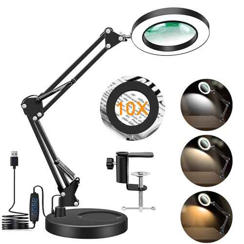 10X Magnifying Glass with Light and Stand, 2-in-1 LED Magnifier Desk Lamp, 3 Color Modes 10 Level Dimmable, Hands-Free Lighted Magnifier for Craft Repair Nail Reading Close Works (Black, Base)