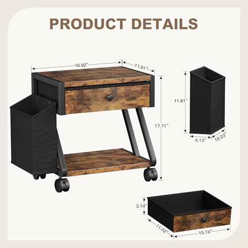 Homeiju Under Desk Printer Stand, 2-Tier Industrial Mobile Printer Table with Storage Bag and Drawer, Rolling Printer Cart Holder with Lockable Wheels for Home, Office