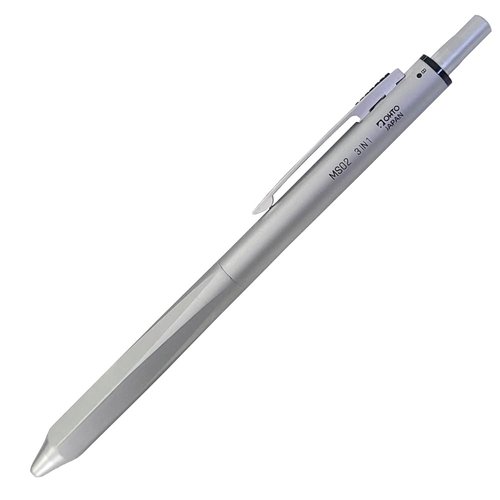 OHTO MS02 3-In-1 Multifunction Pen, Equipped with Needle Tip 0.7mm Black and Red Oil-Based Inks, 0.5mm Mechanical Pencil, All-Metal Body Silver, MS02-MF3-SV