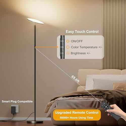 LED Floor Lamp, Bright 36W 3600LM Standing Lamp 350W Equivalent with Remote & Touch Control, Modern Torchiere Floor Lamp with 2700K-6500K Stepless Dimming, 69" Tall Lamp for Living Room Bedroom Office