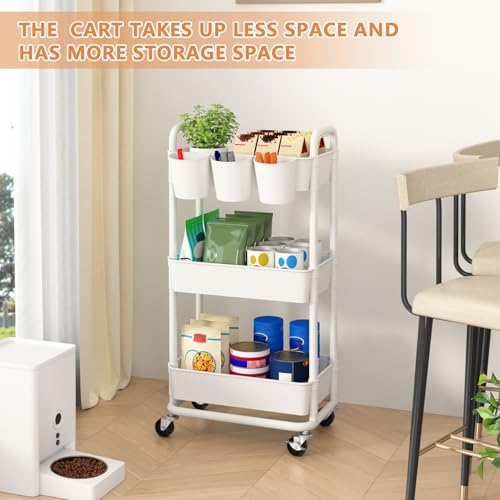 3-Tier White Plastic Rolling Storage Cart with Lockable Wheels & Hanging Cups – 3-Tier Utility Cart