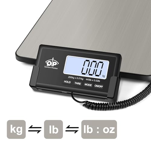 QP Shipping Scale, 440 lb/0.35 oz High Accuracy Digital Postal Scale, Postage Scale, Hold/Tare Function, Auto Off LCD Display, Lightweight Scale for Packages/Luggage/Pet, Battery & AC Adapter Included