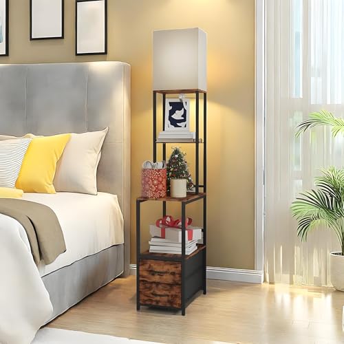Tall Bedside Table with Charging Station, Floor Lamp with Table and Drawers, Rustic Wood Corner Shelf, 3 Color Temperature Bedside Lamp for Home Office, Bedroom, Living Room, Office (Brown)