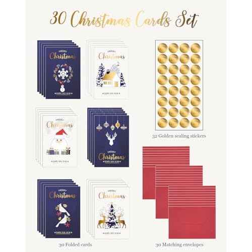 30 Pack Boxed Christmas Cards with Envelopes and Stickers, 4 x 6 Inch, Holiday Greeting Cards Set, Assorted Xmas Cards with Warm Messages Inside for Friends and Family (Christmas)