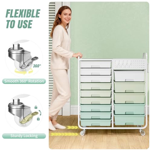 APEXCHASER 14-Drawer Rolling Storage Cart with Tabletop & Pegboard – Green