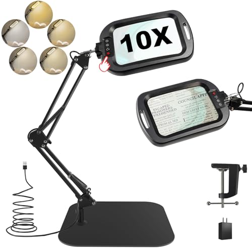 10X Rectangle Magnifying Glass with Light and Stand, 5 Color Modes Stepless Dimmable, 2-in-1 LED Lighted Desk Lamp & Clamp, Hands Free Magnifier for Reading Crafts Repair Close Work