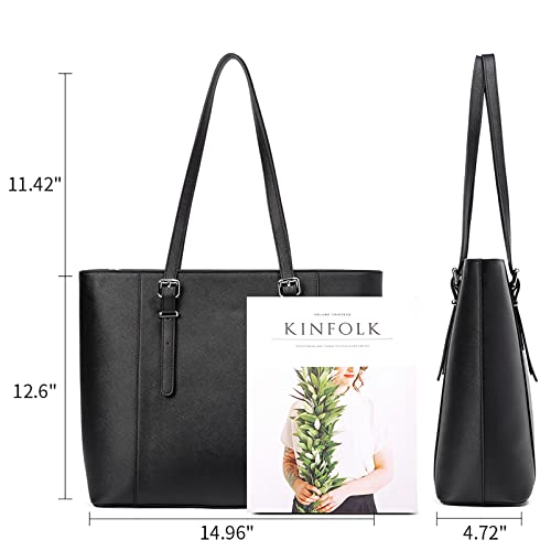 Telena 15.6 Inch Laptop Tote Bag for Women, Black Leather Briefcase, Large Capacity
