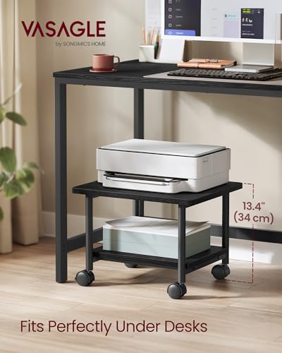 VASAGLE Ebony Black 2-Tier Mobile Printer Stand with Locking Wheels, Under Desk Office Table