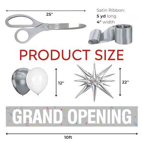 Silver Ribbon Cutting Ceremony Kit - 25 Inch Scissors for Grand Opening Satin Ribbon Silver Star Balloons and Grand Opening Banner for Inaugurations Special Events Ceremonies