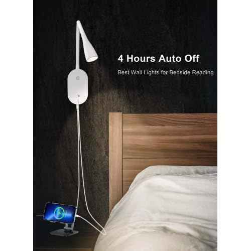 deeloop LED Wall Mount Reading Light for Bed, Reading Lamp with USB Output 5 Brightness Levels Touch Control Book Lights, 4000K Bedside Lamp Flexible Gooseneck, 2 Easy Install Options