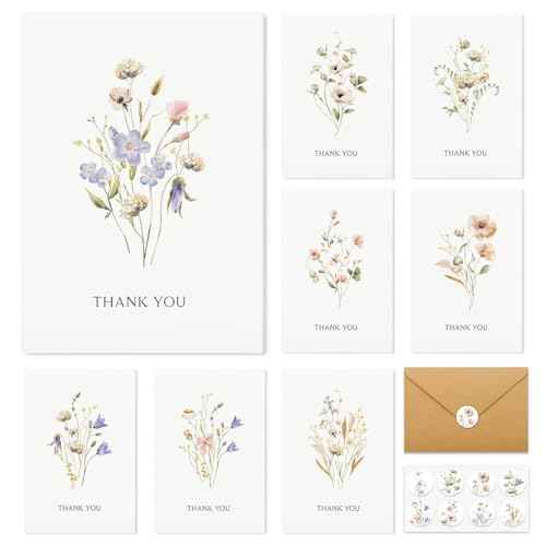 Thank You Cards with Envelopes - 32 Pack Wildflower Blank Cards With Adhesive Envelopes & Matching Stickers Perfect for Wedding, Bridal Showers, Baby Showers,Birthday, All Occasion
