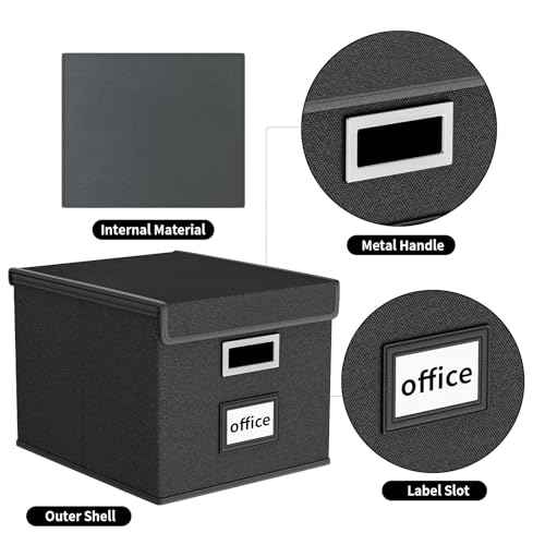 Huolewa File Organizer Boxes with Lids, Collapsible Linen Hanging Filing & Storage Boxes with Plastic Slide for Office/Decor/Home, Filling System for File/Folders/Document Storage -2 Pack