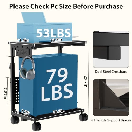 TFK Adjustable Computer Tower Stand with Charging Station & Pegboard - Medium / Black