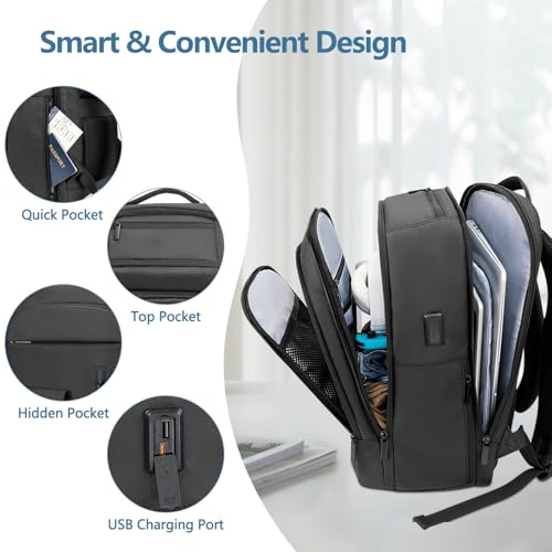 Backpack for Men Business Travel Laptop Backpack with USB Charger Lightweight Anti-Theft Water-Resistant Fits 15.6 Inch Laptop for Commute Travel Daily Work College with Small Bag-Black