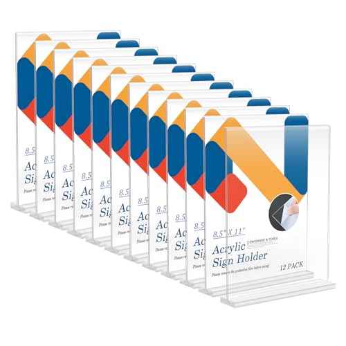 Relx 12 Pack Acrylic Sign Holder 8.5 x 11, Vertical T Shape Plastic Sign Holder with Base, Double-Sided Clear Tabletop Plexiglass Flyer Stands for Restaurant Office Store Home Picture Frame Display