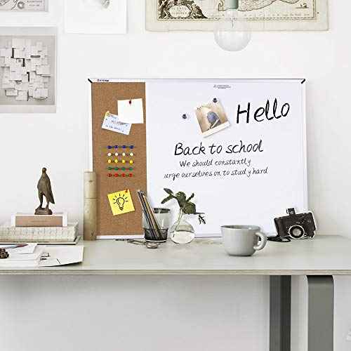 White Board & Cork Bulletin Board, 24" X 18", Combination Dry Erase Board & Cork Board, Vision Board for Home, Office, School - Includes 6 Magnetic Markers, 1 Eraser, 2 Strong Magnets and 10 Pins.¡¦