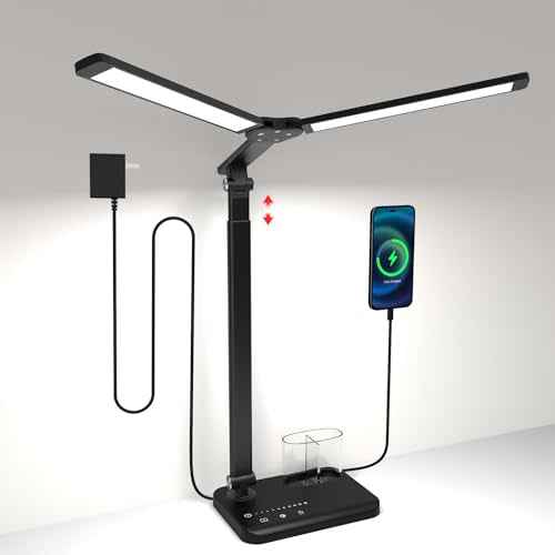 LED Desk Lamp with Dual Heads, Height Adjustable, USB Charging Port, 5 Light Modes & Dimmable Brightness, Bedside Lamp for Reading, Crafting, Work, Study (Black, 15W)