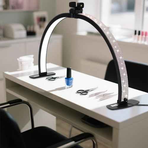 FAHKNS Half Moon Light for Nail Desk with Shining Diamond, 28IN LED Lamp with Phone Holder, Desk Lamp with 10 Levels of Adjustable Brightness, 3000-6500K Color Temperature, Black