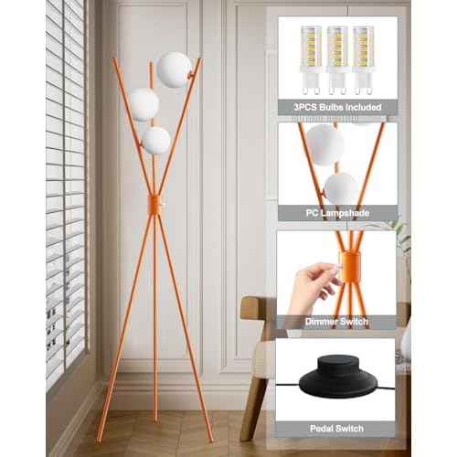Lightdot Globe Standing Lamps Stepless Dimmable Tripod Floor Lamp with 3PCS 3000K G9 Bulbs Stable Base Orange Mid Century Modern Floor Lamp for Living Room/Bedroom