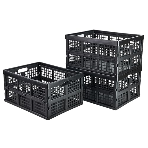 3-Pack Plastic Collapsible Storage Crates-30L,Foldable Plastic Crates for Storage (Black)