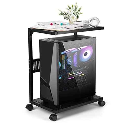 PC Stand Computer Tower Stand 2-Tier Metal CPU Holder with Locking Caster Wheels Suitable for Most PC (S,Black)