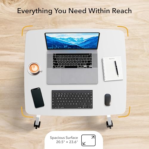 Mount-It! White Adjustable Rolling Laptop Desk – 29.6–44.2" Height, 23.6" x 20.5" Desktop, Mobile Standing Desk