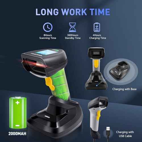 Barcode Scanner Wireless, ONEWSCAN 1D Barcode Reader with Smart Charging Base Stand 2.4G Wireless & USB Wired Connection Plug and Play Handheld Bar Code Scanners with Screen