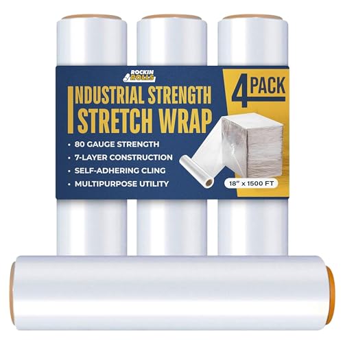 Rockin Rolls 18" x 1500 FT Clear Stretch Film Shrink Wrap - 4 Rolls, Heavy Duty, Recyclable