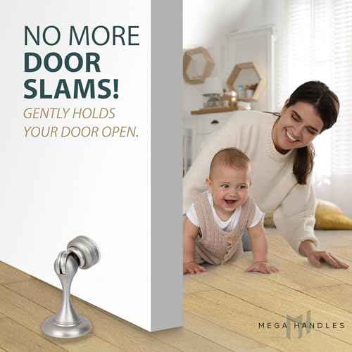 Mega Handles Magnetic Door Stopper, Scratch Free Magnetic Door Catch for Wall, Elegant Magnet Stopper for Floor or Wall - Satin Nickel (2 Pack)