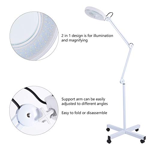 Magnifying Floor Lamp, 5X Glass Lens LED Magnifier Light Rolling Floor Standing Salon Beauty Skincare Tattoo Manicure Equipement with Adjustable - White
