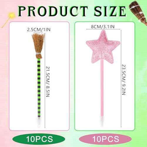 Geyoga 20 Pack Witch and Princess Pens Party Favors Green Witch Broom and Pink Star Pens for Wizard Themed Party Supplies Birthday Halloween Gifts Supplies Goodie Bag Fillers (Green Stripes)