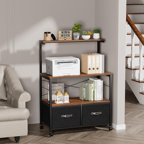 VECELO Lateral File Cabinet with 3 Shelf, 2 Drawer File-Cabinet on Brakeable Wheels, Large Printer Stand with Open Storage Shelf fits Letter Size for Home Office, Brown