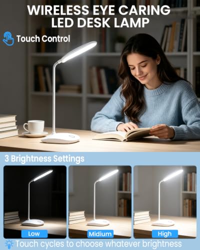 DEEPLITE White Battery-Powered LED Desk Lamp, Cordless & Dimmable, Portable Table Light for Study & Home Office - 1 Pack