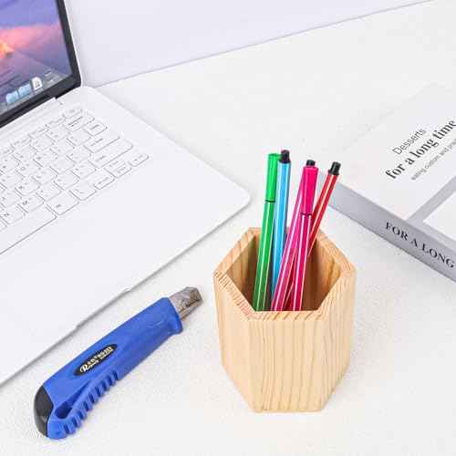 18 Pack Hexagon Unfinished Wooden Pencil Holder, 3 x 3 x 4 Inch Wood Pencil Cup Holder, Wood Crafts Pencil Cup for Desk, Office, DIY Project