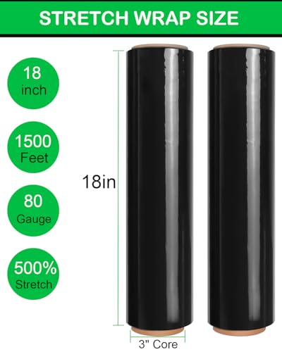 Black Stretch Wrap Roll, Heavy Duty 18in x 1500ft Shrink Film/Wrap, 4