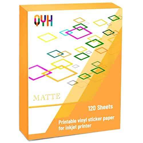 QYH Premium Printable Vinyl for Inkjet Printer-120 Matte Waterproof Sticker Paper 8.5" x 11" White Decal Labels