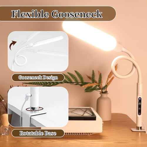 BQAN LED Desk Lamp with Clamp, 15W Eye-Caring Clip on Light, Adjustable Gooseneck Desk Lamps for Home Office with 5 Modes & 9 Brightness Levels for Reading, Studying, Nail Art, and Work (White)